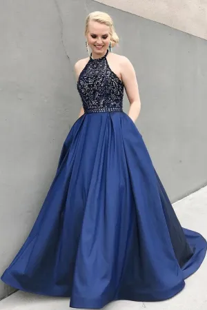 Charming Beaded Blue Prom Dresses,Long Evening Dresses With Pockets OK985