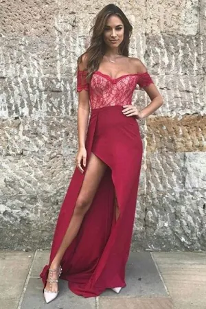 Charming Burgundy Long Off the Shoulder Sexy Slipped Prom Dresses OK894