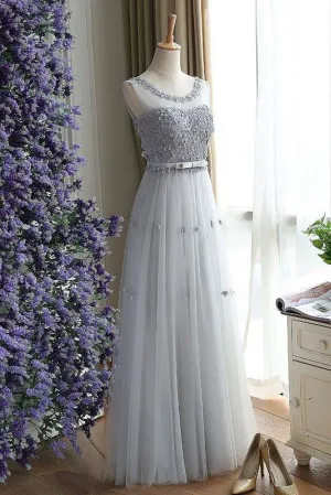 Charming Gray A Line Tulle Long Floral Simple Sleeveless Long Prom Dresses OK256