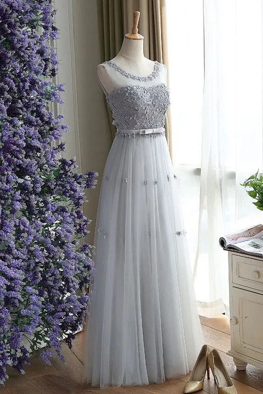 Charming Gray A Line Tulle Long Floral Simple Sleeveless Long Prom Dresses OK256