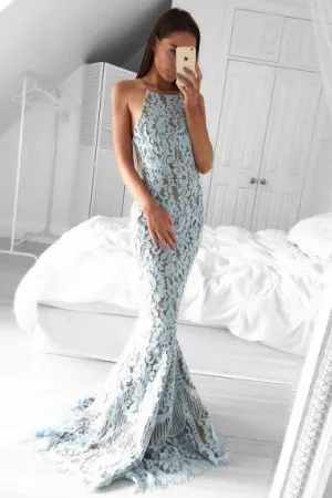 Charming Mermaid Halter Sweep Train Blue Lace Sleeveless Prom Dresses New OK830