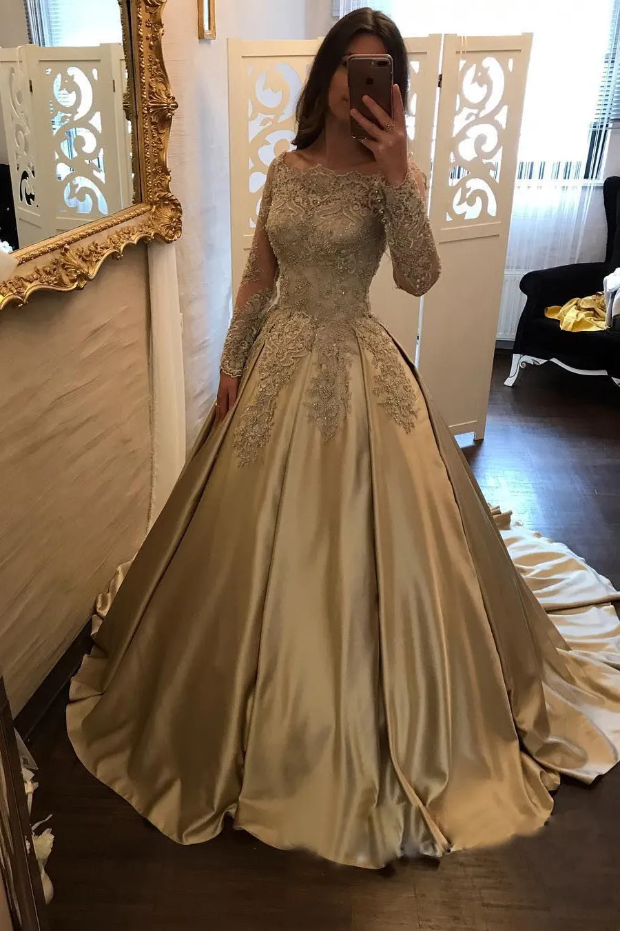 Charming Satin Ball Gown Long Sleeve Lace Appliques Prom Dresses OK853