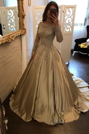 Charming Satin Ball Gown Long Sleeve Lace Appliques Prom Dresses OK853