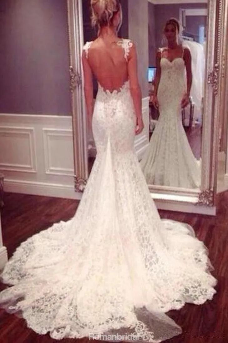 Charming Sexy Backless Spaghetti Straps Sweetheart Mermaid Long Wedding Dress, WD0376