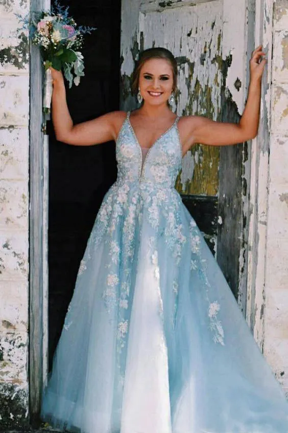Charming Spaghetti Straps V Neck Sleeveless Tulle Mint Prom Dress with Beading OKY78
