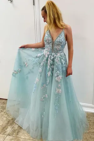 Charming Spaghetti Straps V Neck Sleeveless Tulle Mint Prom Dress with Beading OKY78