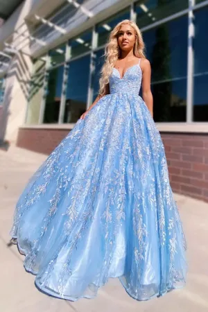 Charming V Neck Lace Sky Blue A-line Spaghetti Straps Prom Dress with Appliques OKW88