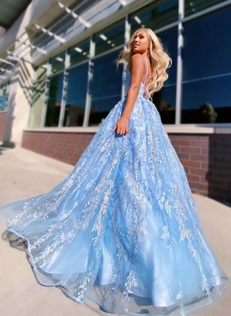 Charming V Neck Lace Sky Blue A-line Spaghetti Straps Prom Dress with Appliques OKW88