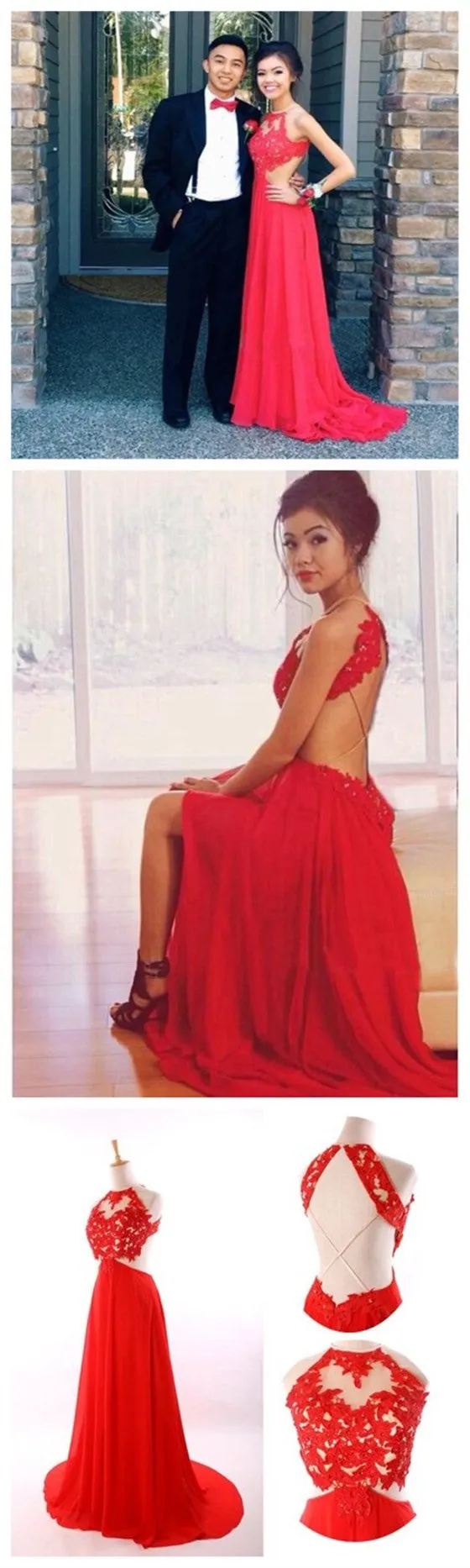 Cheap Long Red Sexy Lace Backless Evening Prom dresses, BG51134