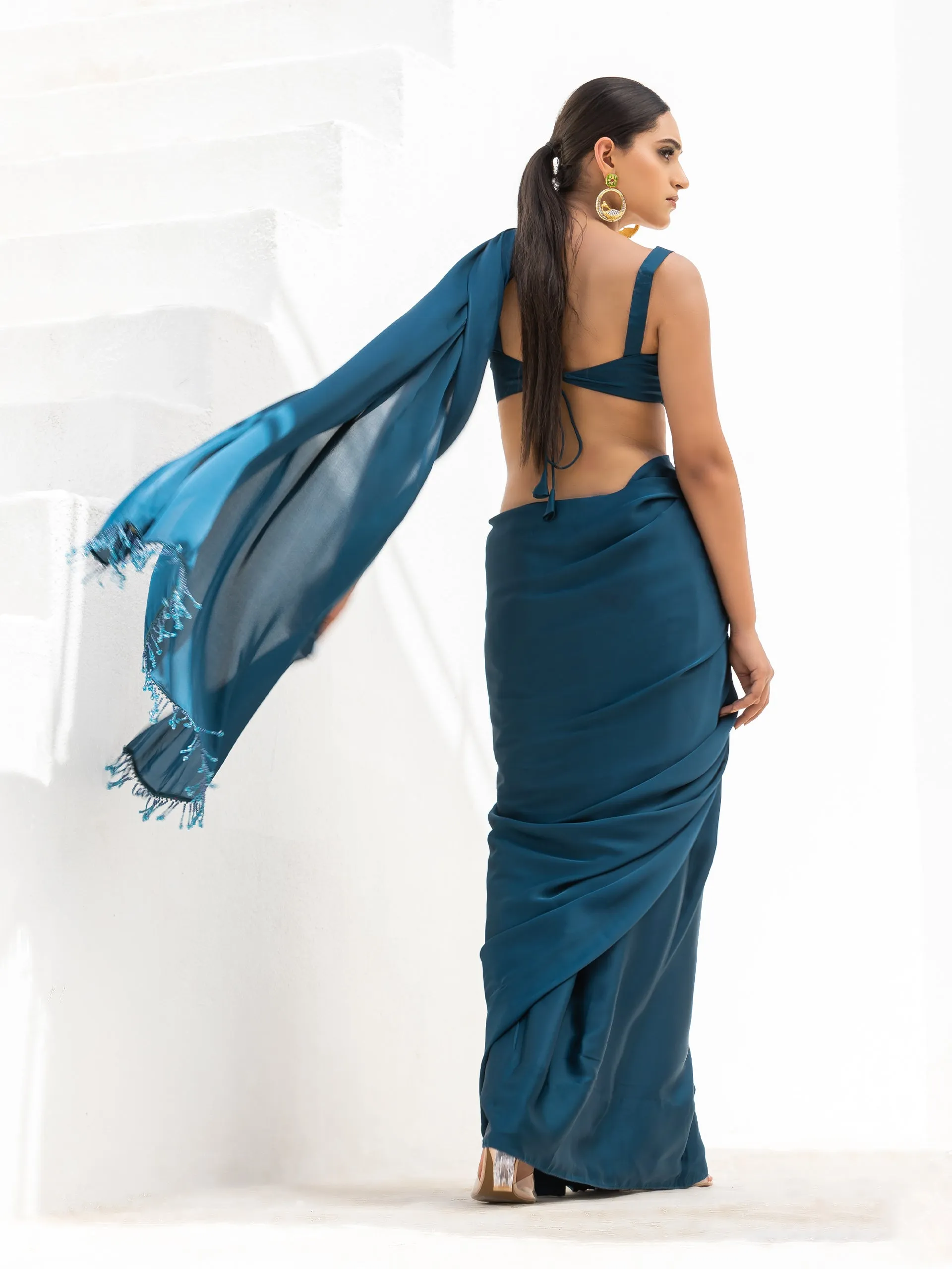 Classic Lethal Blue Satin Saree with Beaded lace & Blouse Fabric