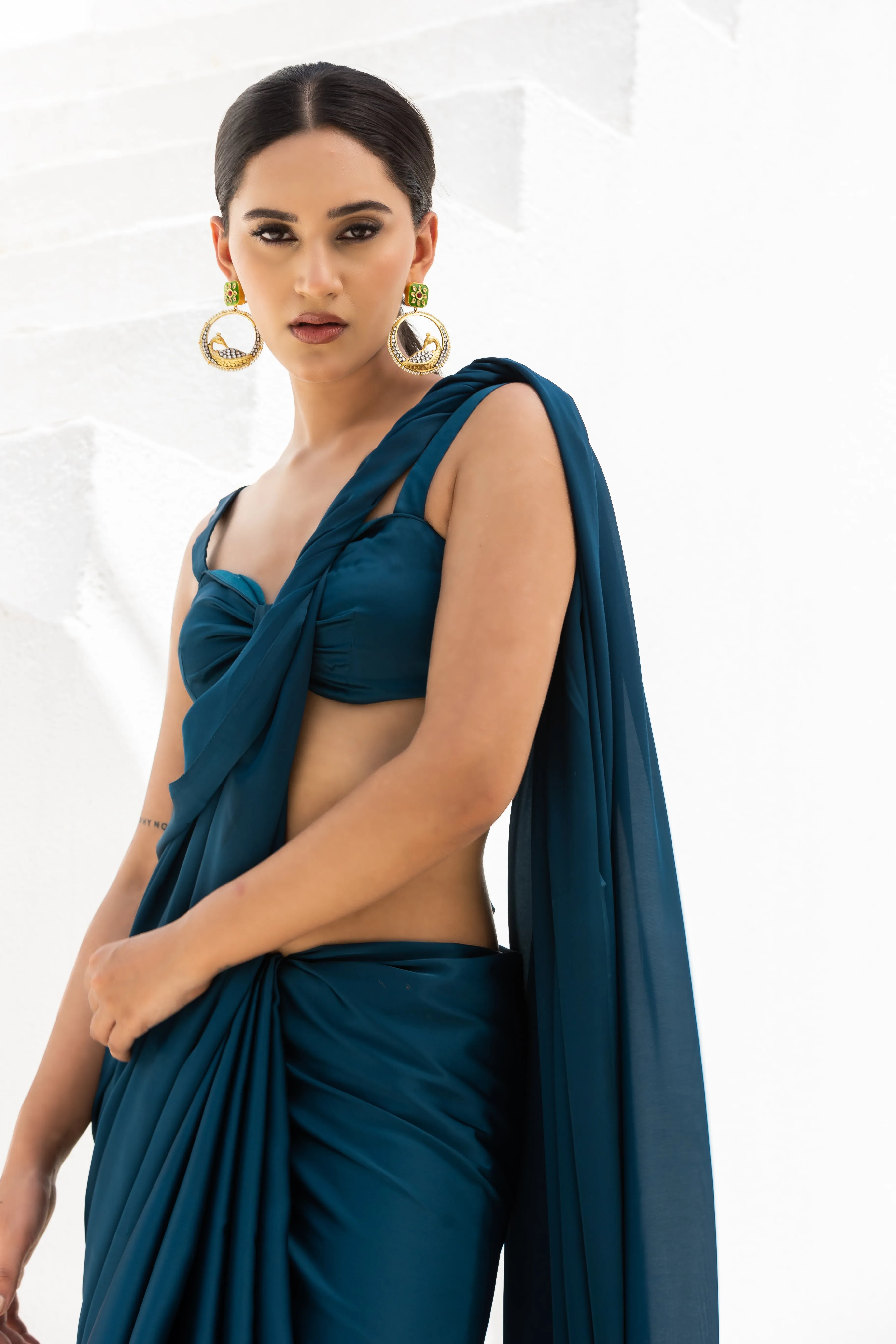 Classic Lethal Blue Satin Saree with Beaded lace & Blouse Fabric