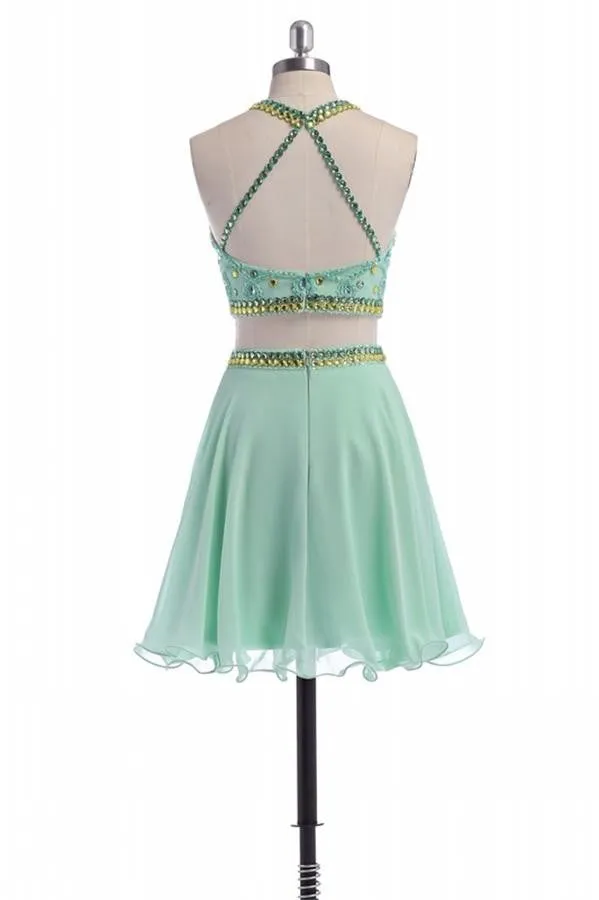 Classy Cute Mint Beaded Two Pieces Open Back Homecoming Dress K268