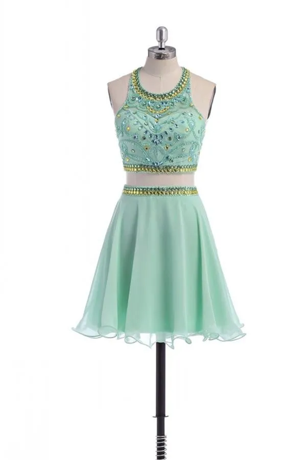 Classy Cute Mint Beaded Two Pieces Open Back Homecoming Dress K268