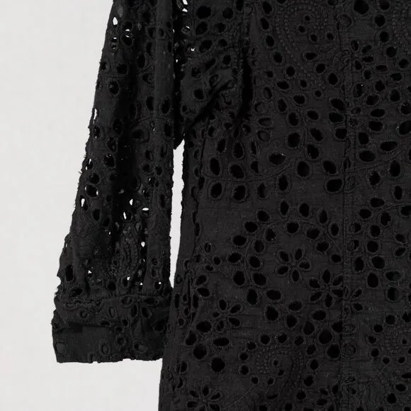 CodeXMode Henley Long Sleeve Eyelet Dress In Black