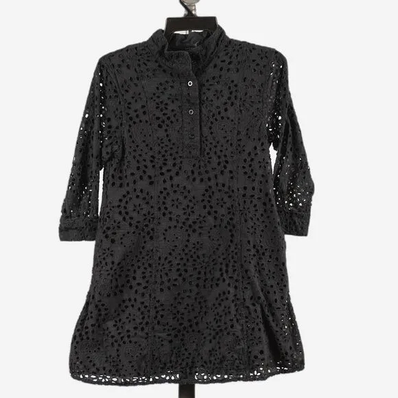 CodeXMode Henley Long Sleeve Eyelet Dress In Black