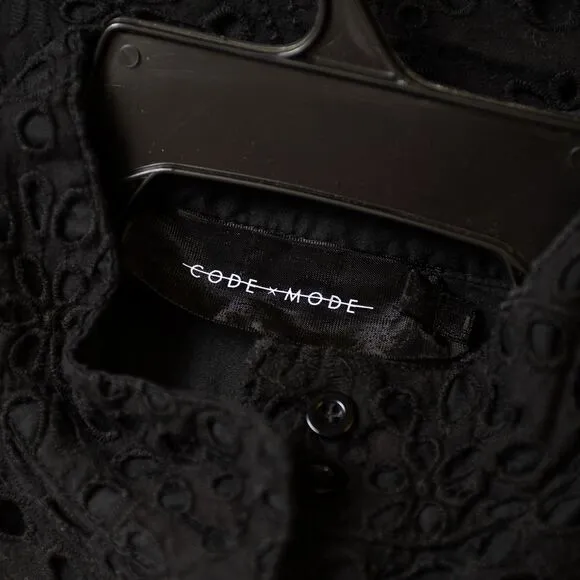 CodeXMode Henley Long Sleeve Eyelet Dress In Black