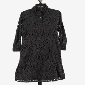 CodeXMode Henley Long Sleeve Eyelet Dress In Black