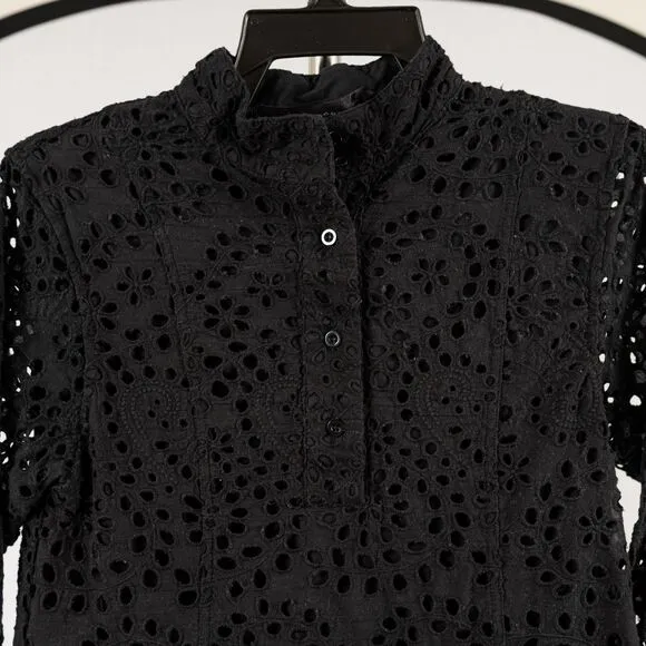CodeXMode Henley Long Sleeve Eyelet Dress In Black