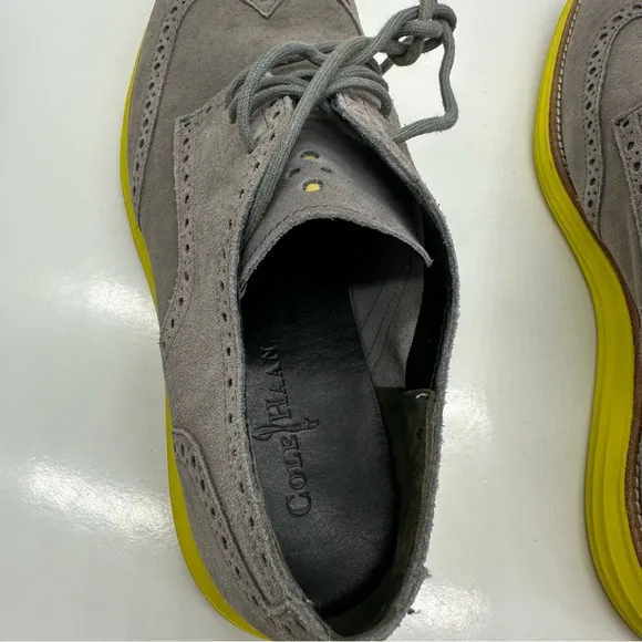 Cole Haan Lunargrand Mens 11 Oxford Shoe Wingtip Suede Grey/Yellow C10226 Casual