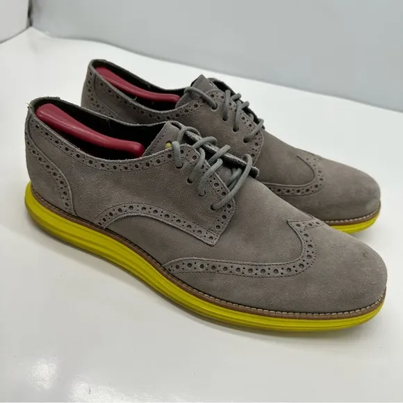 Cole Haan Lunargrand Mens 11 Oxford Shoe Wingtip Suede Grey/Yellow C10226 Casual