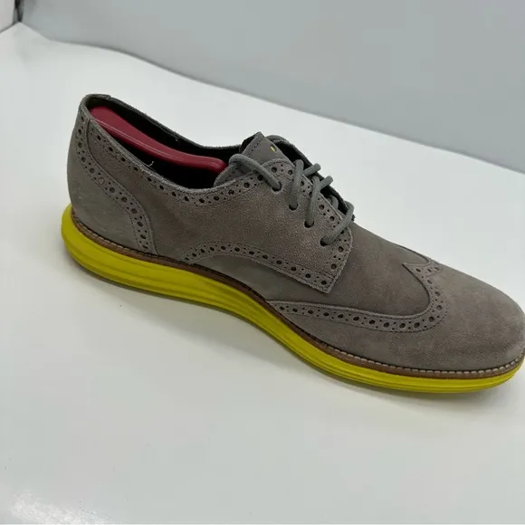 Cole Haan Lunargrand Mens 11 Oxford Shoe Wingtip Suede Grey/Yellow C10226 Casual
