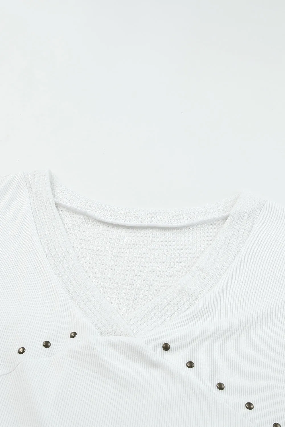 Contrast Knit Splicing V Neck Studded Blouse