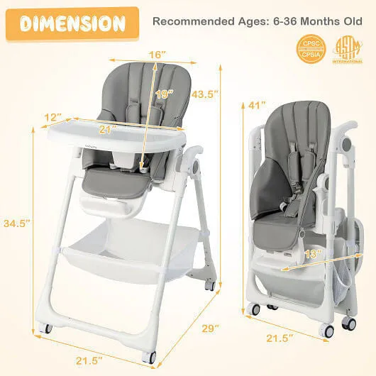 Convertible Infant Dining Chair with 5 Backrest and 3 Footrest Positions-Gray -