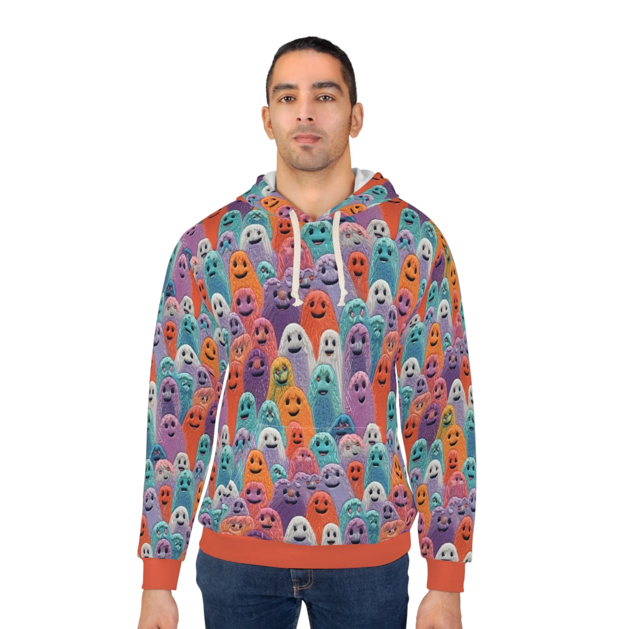 Copy of Ghosted Pullover Hoodie, Simulated Embroidery Orange and Blue Pattern, Fall Season Sweatshirt, UnisexPullover Hoodie