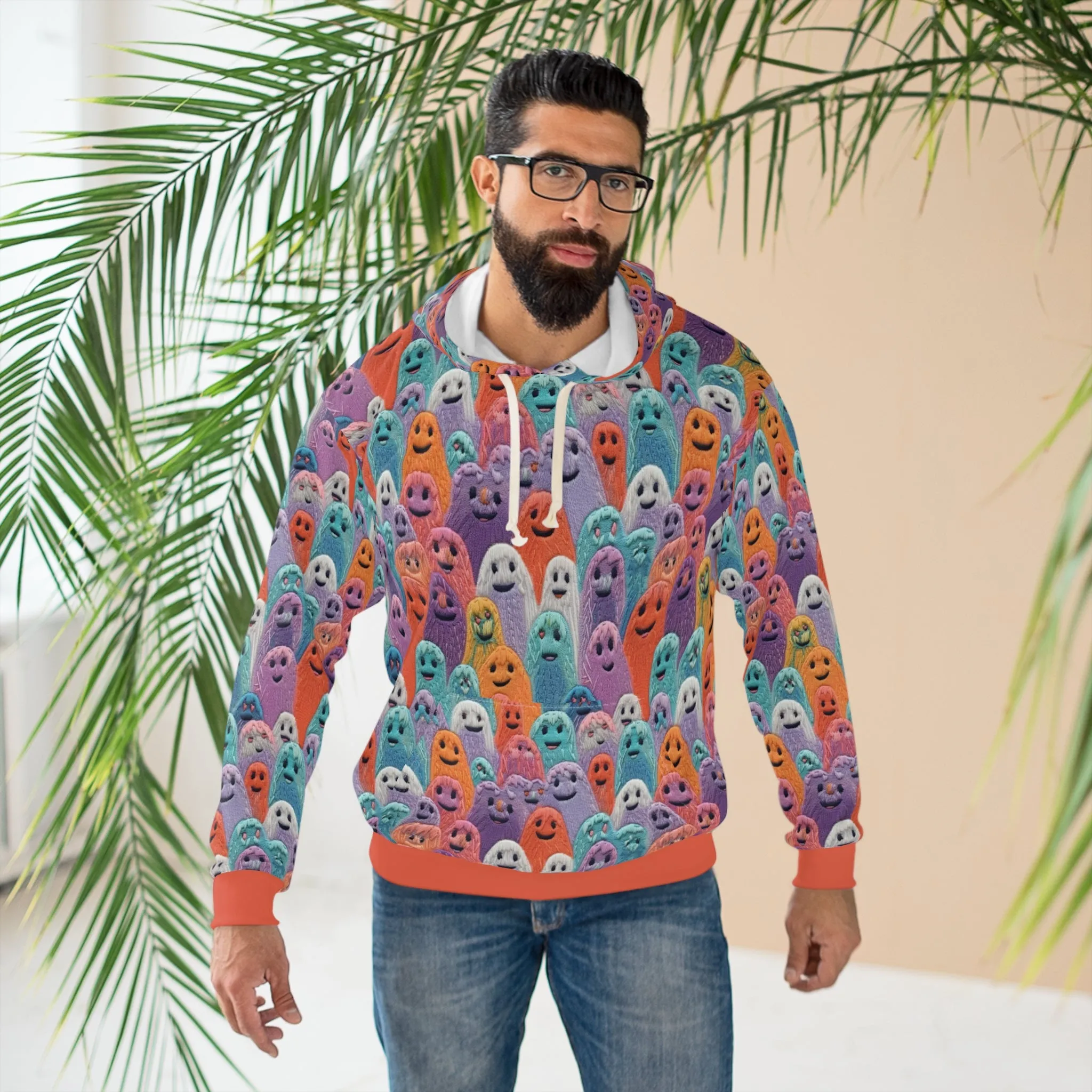 Copy of Ghosted Pullover Hoodie, Simulated Embroidery Orange and Blue Pattern, Fall Season Sweatshirt, UnisexPullover Hoodie