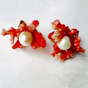 Coral Branch and Pearl Earrings