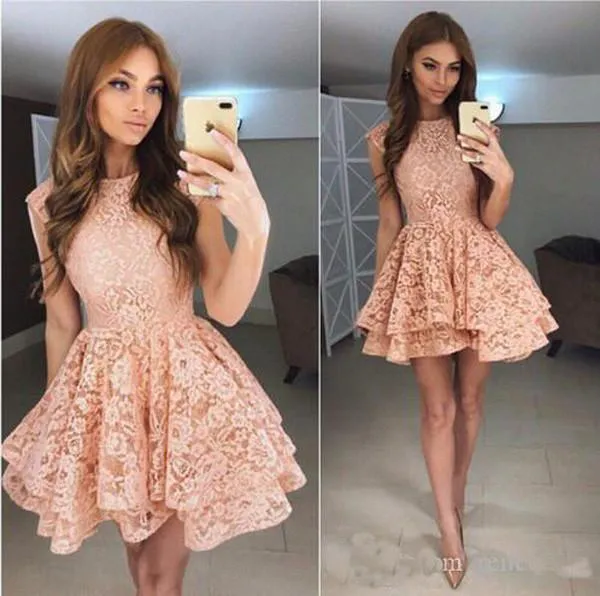 Coral Lace Puffy Appliques Short Prom Dress,Tiered Cheap Homecoming Dress, MH180