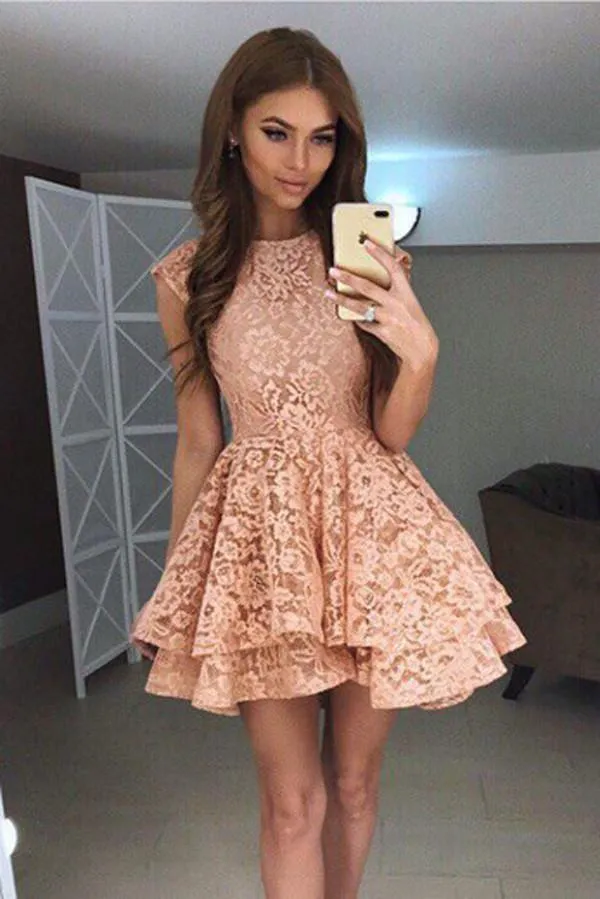 Coral Lace Puffy Appliques Short Prom Dress,Tiered Cheap Homecoming Dress, MH180