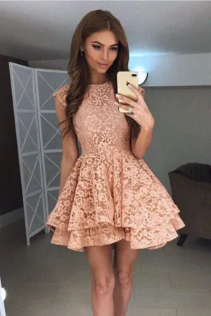 Coral Lace Puffy Appliques Short Prom Dress,Tiered Cheap Homecoming Dress, MH180
