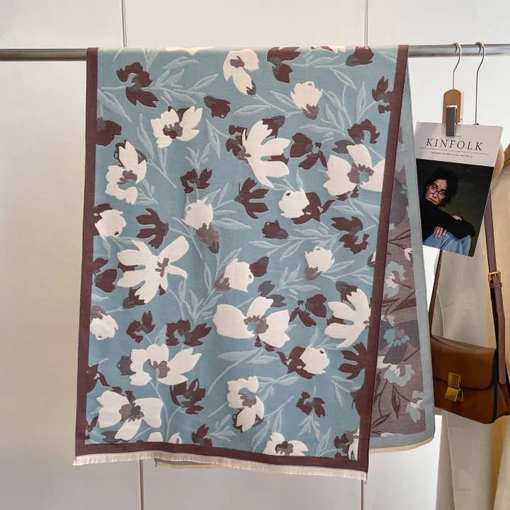 Cozy Cashmere Like Travel Wrap Blue/Brown Flower Reversible