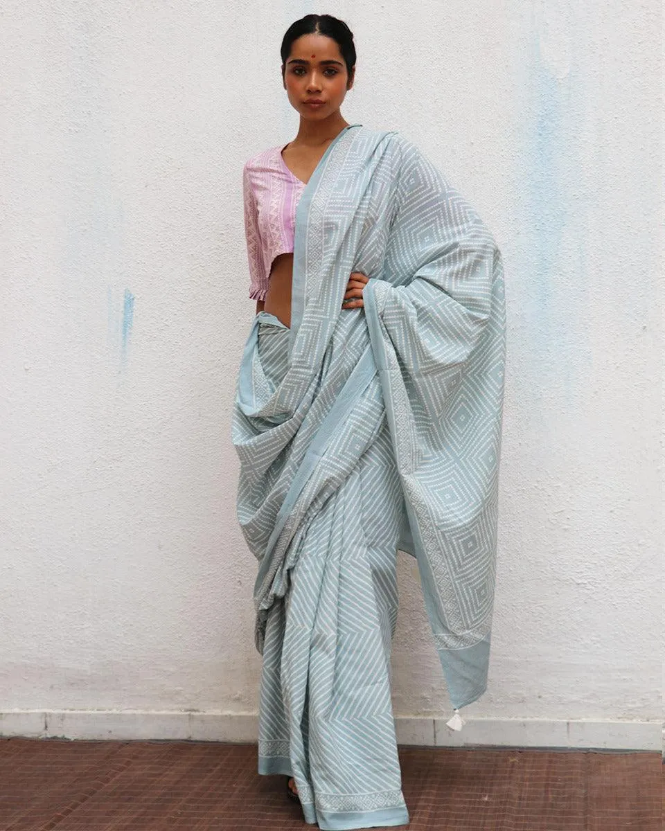 Crystal Cascade Blue Handblock Printed Cotton Saree