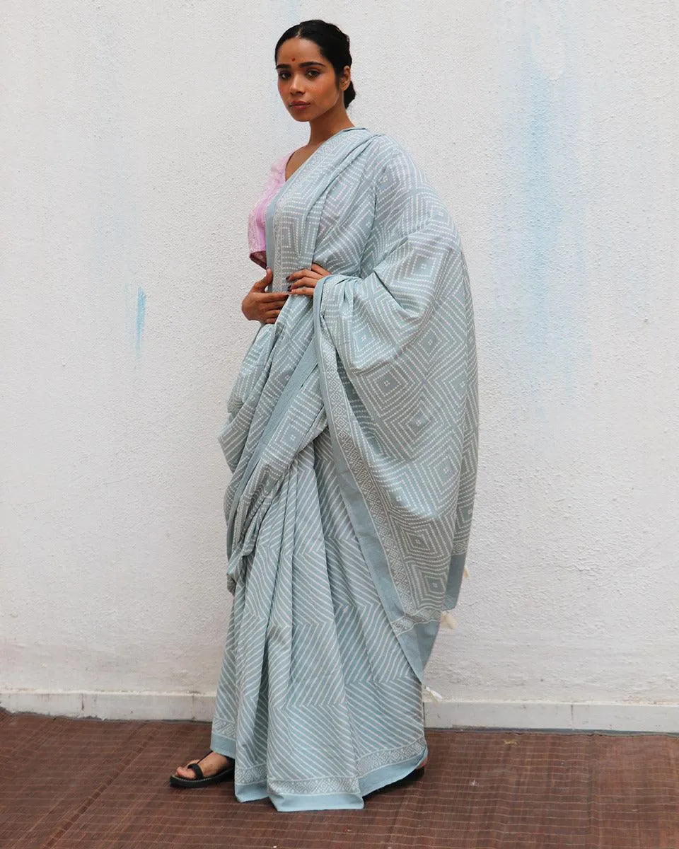 Crystal Cascade Blue Handblock Printed Cotton Saree
