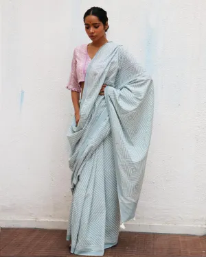 Crystal Cascade Blue Handblock Printed Cotton Saree