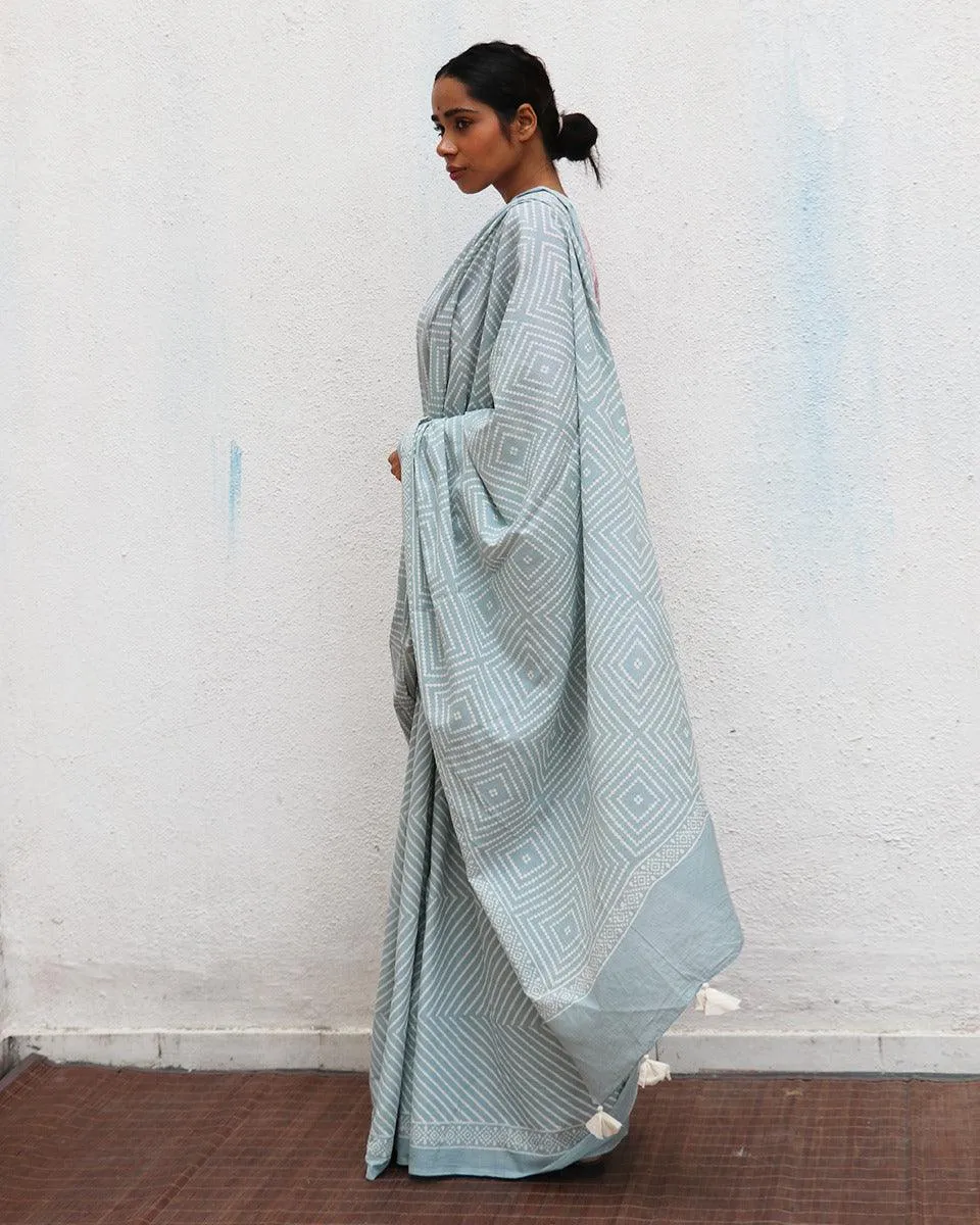Crystal Cascade Blue Handblock Printed Cotton Saree
