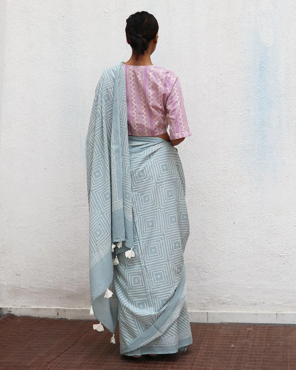 Crystal Cascade Blue Handblock Printed Cotton Saree