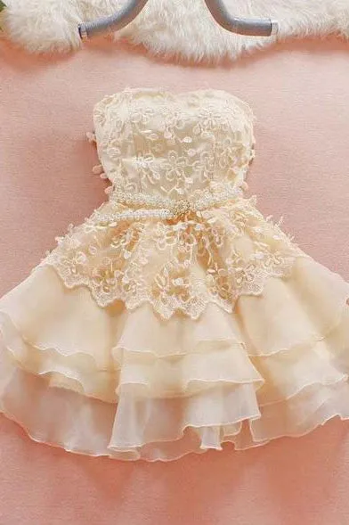 Cute A-Line Short Sweetheart Homecoming Dress,Lace Short Strapless Summer Prom Dresses OK410