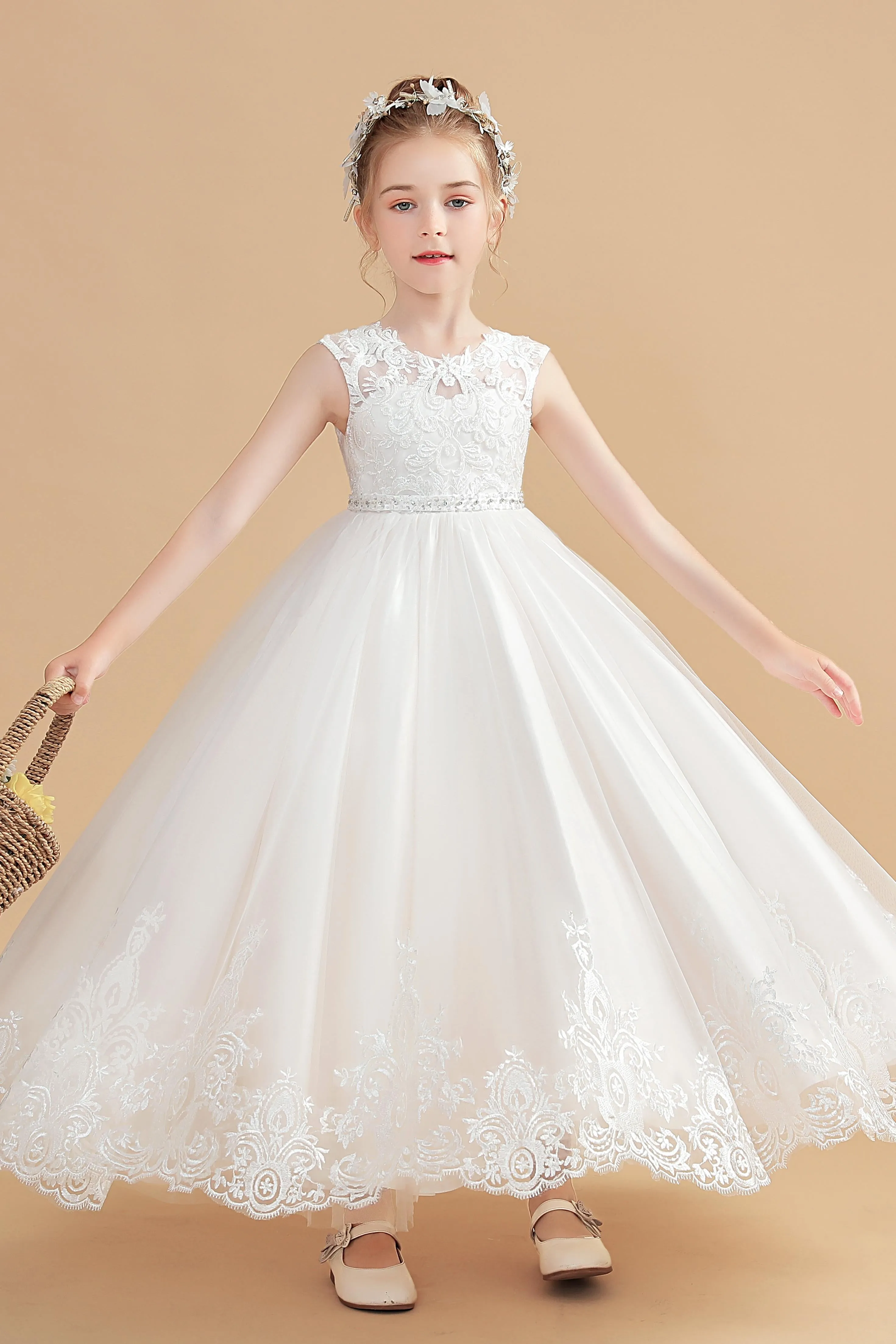 Cute Cap Sleeves Ivory Tulle Flower Girl Dresses With Beading