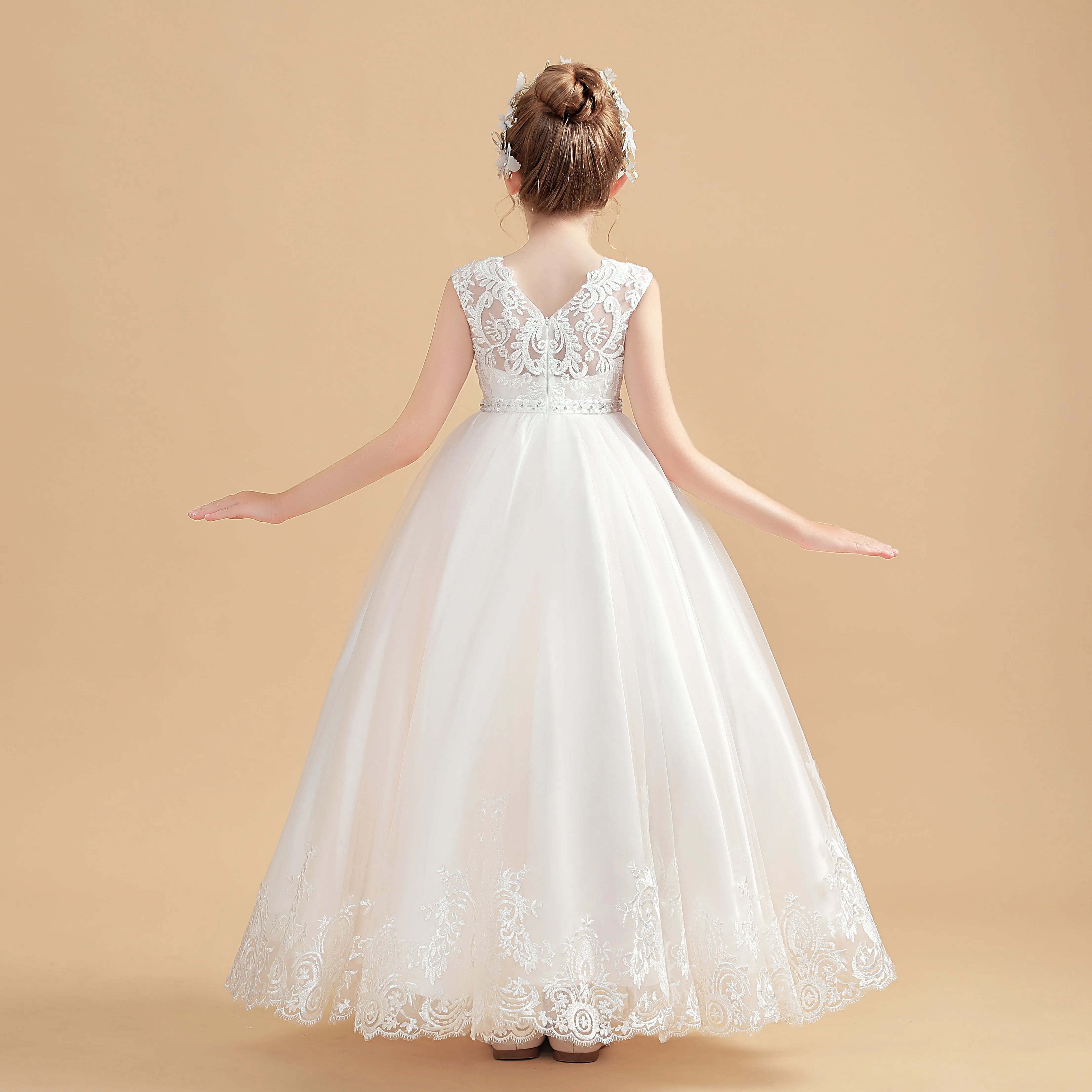 Cute Cap Sleeves Ivory Tulle Flower Girl Dresses With Beading