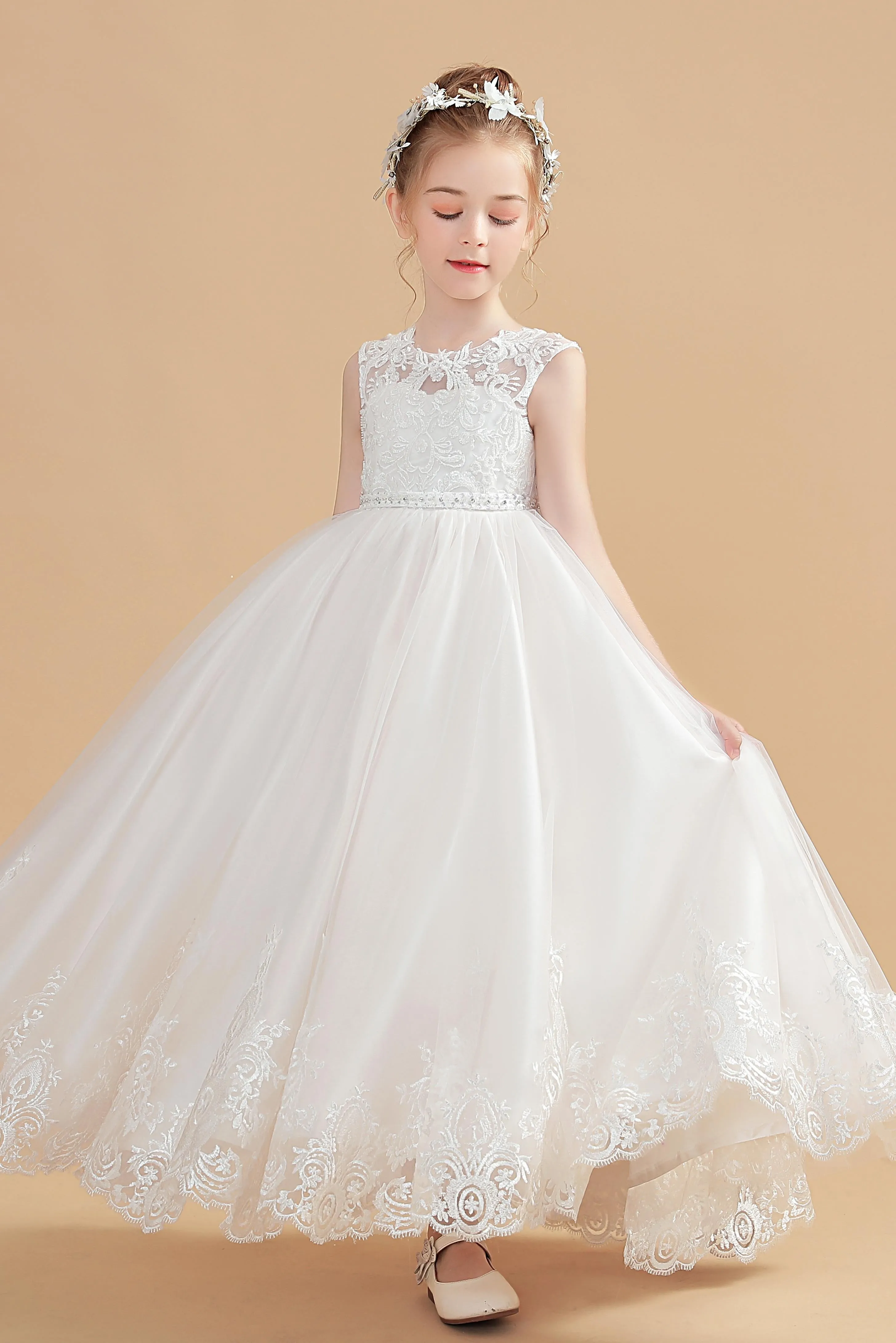 Cute Cap Sleeves Ivory Tulle Flower Girl Dresses With Beading
