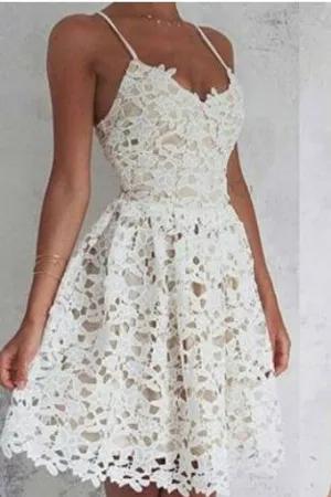 Cute Lace Ivory Short Spaghetti Straps Homecoming/Prom Dress, Sweet 16 Dresses OK237