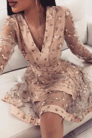 Cute Pink Long Sleeve Homecoming Dress, V Neck Short Prom Dress OKO62