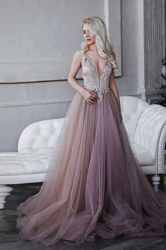 Deep V Neck Long A-line Prom Dress Rhinestones Beaded Tulle V Back Girl Party Gown OKW67
