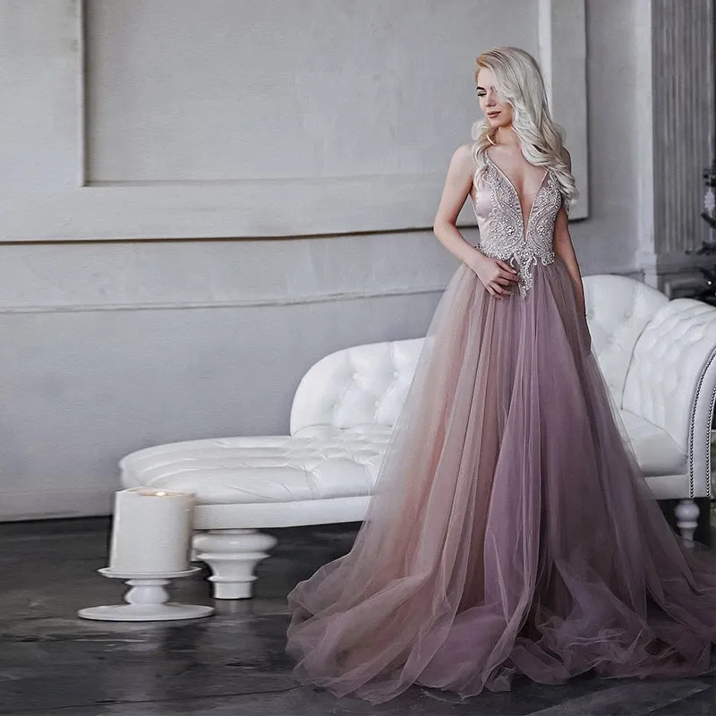 Deep V Neck Long A-line Prom Dress Rhinestones Beaded Tulle V Back Girl Party Gown OKW67