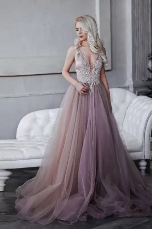 Deep V Neck Long A-line Prom Dress Rhinestones Beaded Tulle V Back Girl Party Gown OKW67