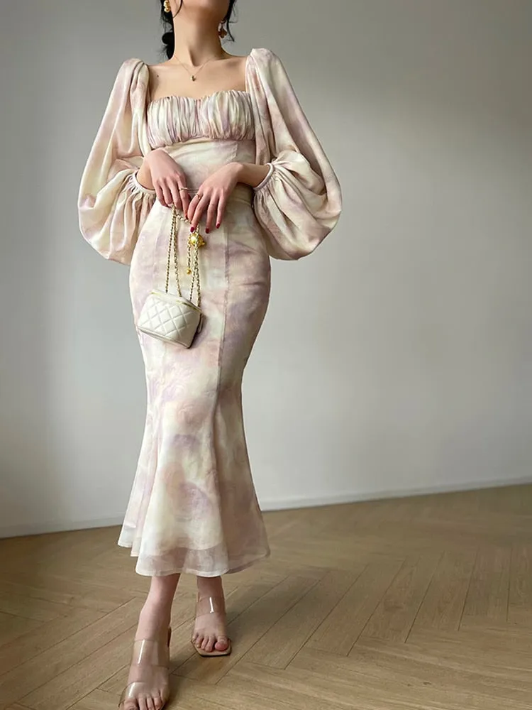 Delilah 2 Pieces Set Square Collar Lantern Sleeve Top Hip Wrap Fishtail Skirt