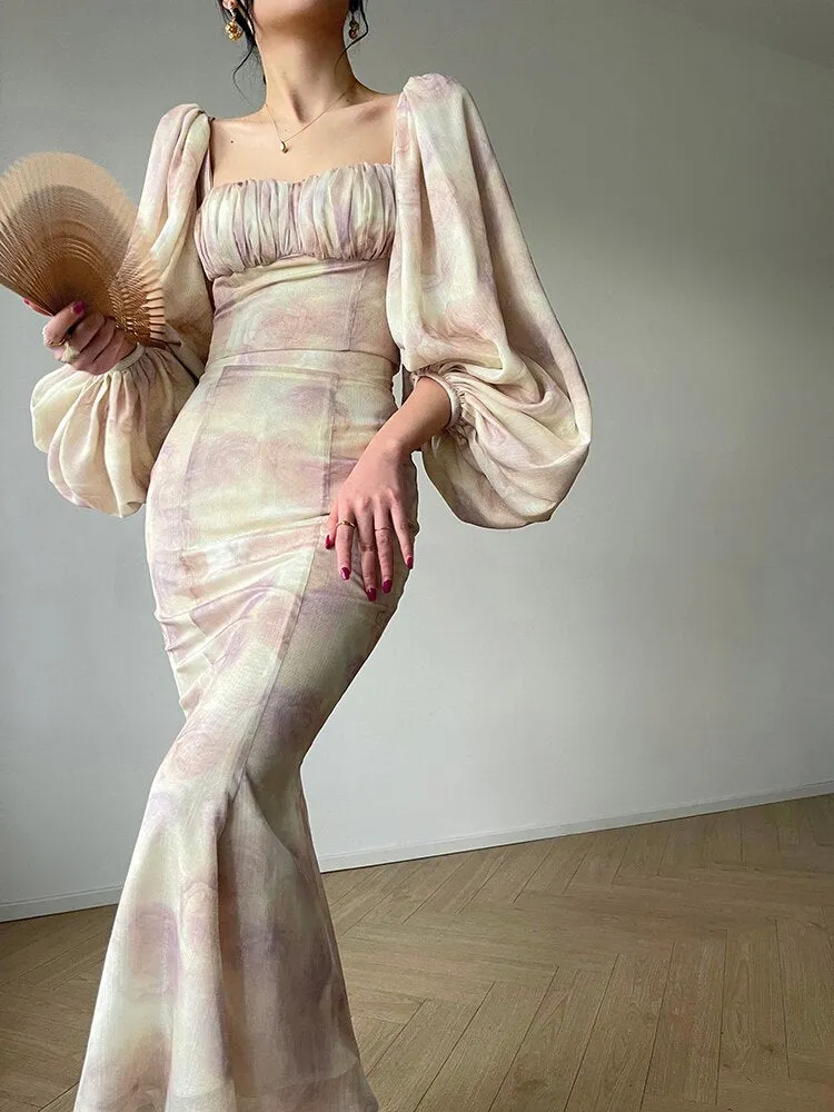 Delilah 2 Pieces Set Square Collar Lantern Sleeve Top Hip Wrap Fishtail Skirt